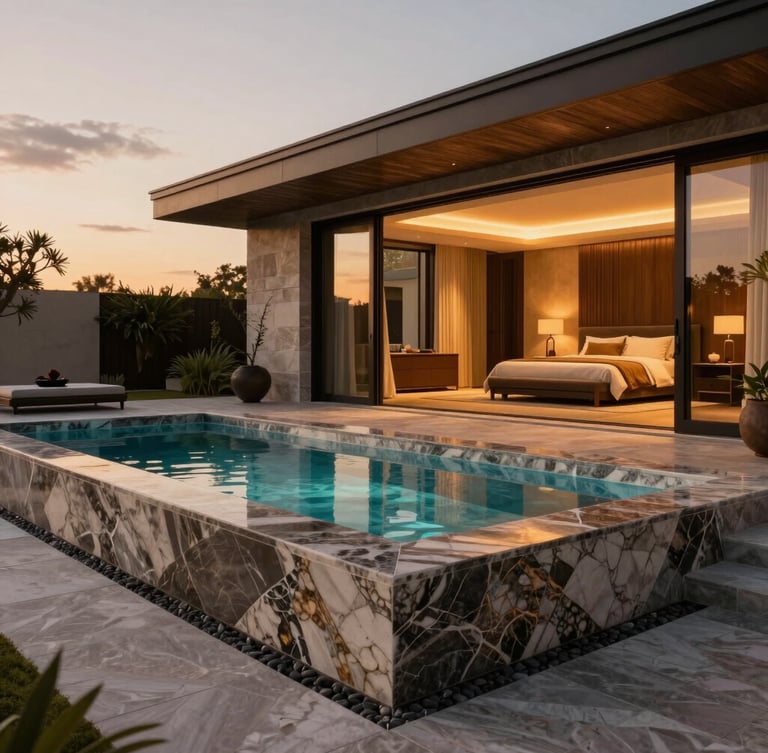 photorealistic 3D architectural render of an expansive private terrace with a marble-edged plunge pool at twilight, warm interior ambient lighting glowing from the master suite behind, 8k
