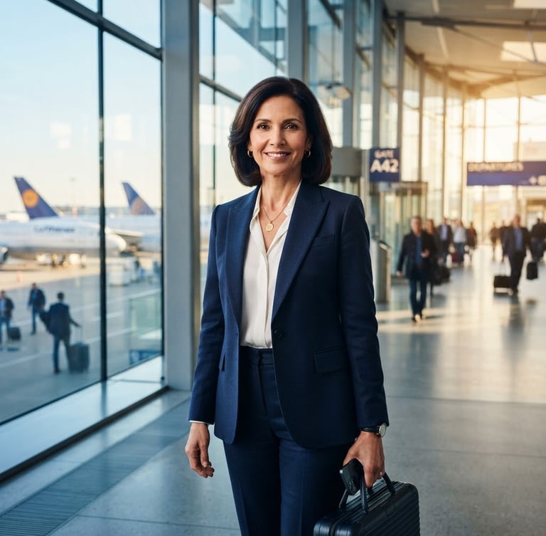 High-end editorial portrait of a corporate executive in a modern, sunlit airport terminal, cool blue and gold tones, sharp depth of field, 35mm.
