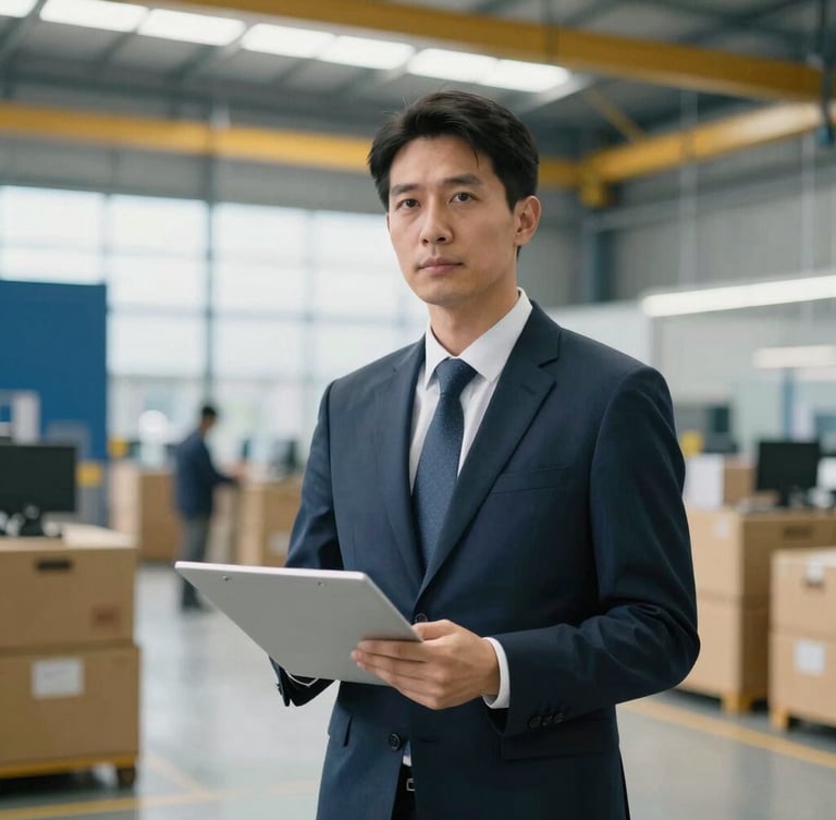 A professional portrait of a focused logistics manager in a modern terminal, high-contrast corporate lighting with gold accents, sharp depth of field, 35mm.