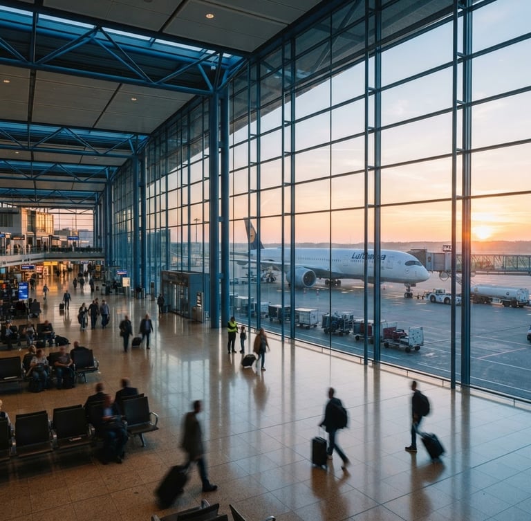 Wide environmental shot of a modern airport terminal at sunrise, soft golden light reflecting on polished floors, a commercial airliner visible through glass, premium editorial photography, 35mm