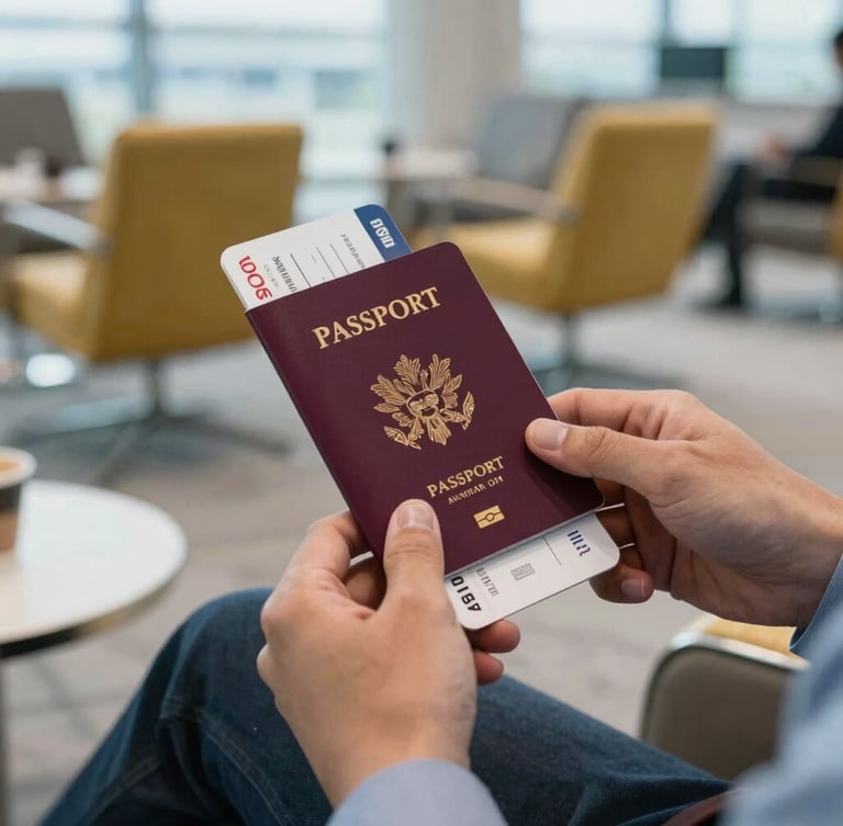 Close-up of executive hands holding a passport and boarding pass inside a premium airport lounge, soft warm lighting, 35mm photography