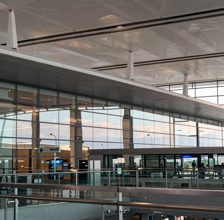Wide architectural view of a modern airport terminal with soft golden hour light reflecting on glass facades, clean lines, premium editorial feel