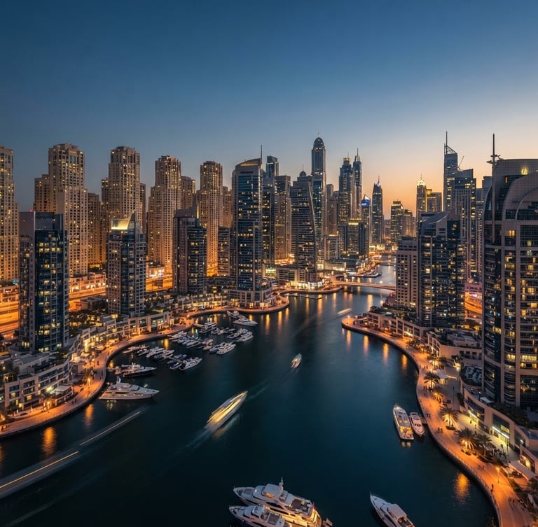 Wide-angle architectural view of Dubai Marina skyline at dusk, sharp corporate lighting, premium editorial photography, 35mm