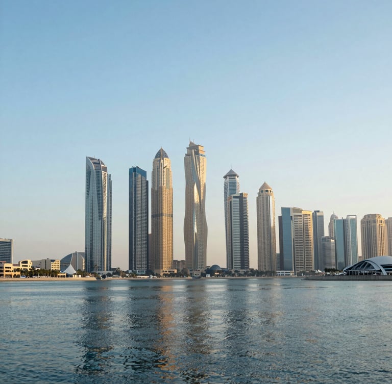 Wide architectural shot of the Dubai marina skyline meeting the water, crisp morning daylight, premium editorial photography, cool blue and gold tones, 35mm