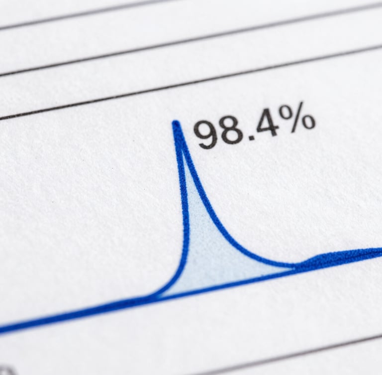 Macro close-up of a high-resolution HPLC chromatogram graph printed on clinical paper, displaying a sharp single peak indicating 98.4% purity, clinical white light, sterile setting