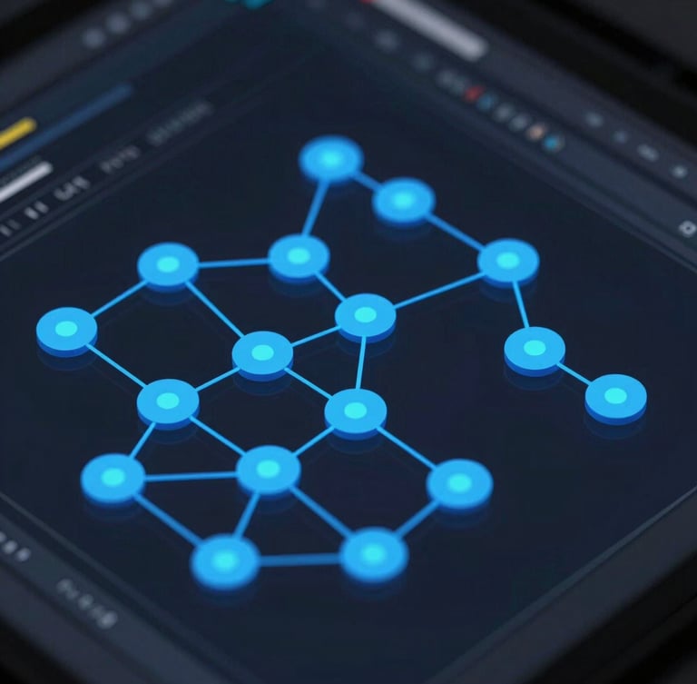 Isometric close-up of a dark node-based workflow interface, self-illuminated blue paths connecting precise state nodes, sharp vector rendering on a deep obsidian canvas.