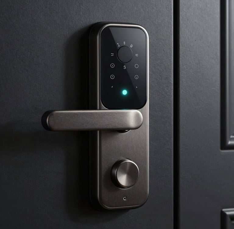 Macro shot of a sleek, dark metallic smart lock interface on a heavy obsidian door, a single precise teal indicator light glowing softly, architectural shadows