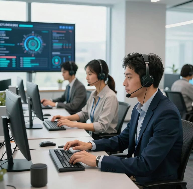 Modern, sleek contact center environment with professionals collaboratively working at ergonomic workstations, large data dashboards visible in the background, bright natural office daylight, cool slate and teal tones, clean composition, 35mm lens