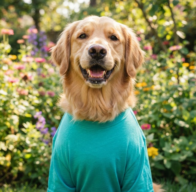 Bright joyful pet photography, warm natural daylight, a happy golden retriever wearing a custom vibrant teal shirt, outdoor garden backdrop, close-up focusing on perfect fit, 35mm lens