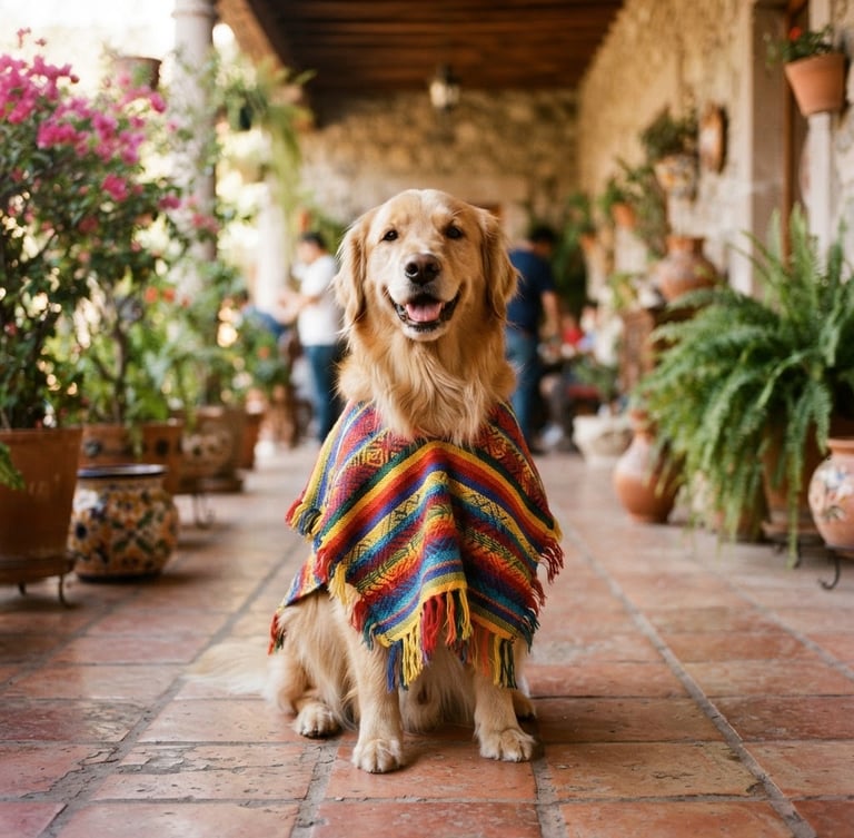 Eye-level medium shot of a happy golden retriever wearing a colorful handmade Mexican dog poncho, sitting in a bright sunlit patio in Celaya, warm daylight, 35mm lens