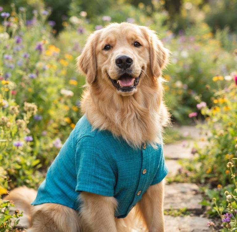Bright joyful pet photography of a happy fluffy dog wearing a vibrant handmade teal shirt, looking at the camera, warm natural daylight, 35mm lens