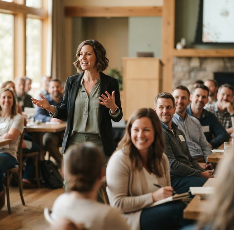 Candid medium environmental shot of a speaker presenting with natural gestures to an engaged audience in a warm, sunlit room, earthy tones with sage accents, shallow depth of field