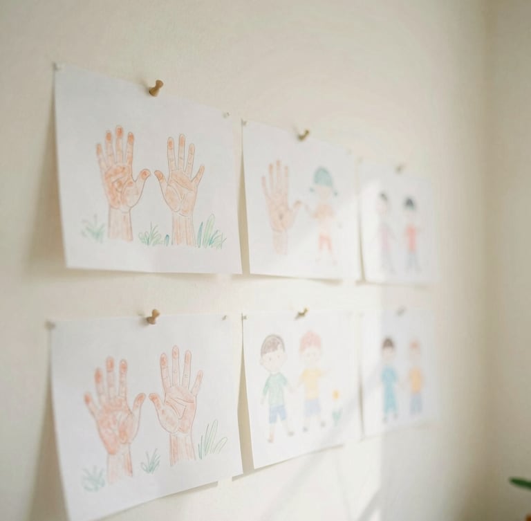 Soft overexposed photograph of children's hand-colored drawings pinned to a sunny cream wall, gentle morning light, cozy and airy atmosphere, 35mm