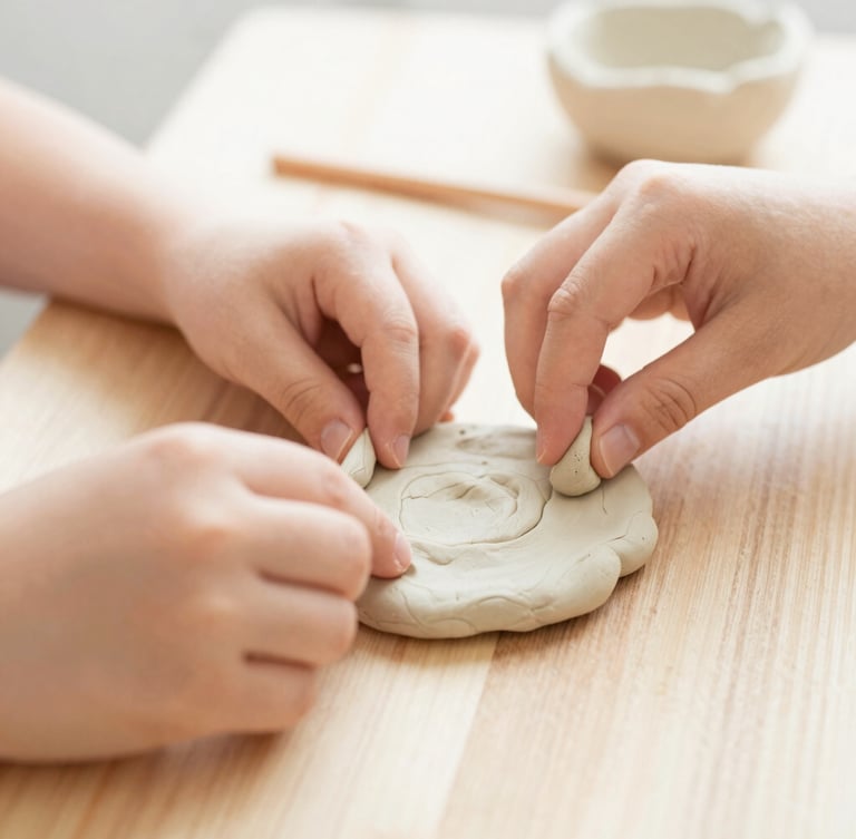 Macro close-up of parent and child hands shaping soft air-dry clay together on a wooden table, soft overexposed photography, natural bright daylight, warm cream tones, shallow depth of field, 35mm