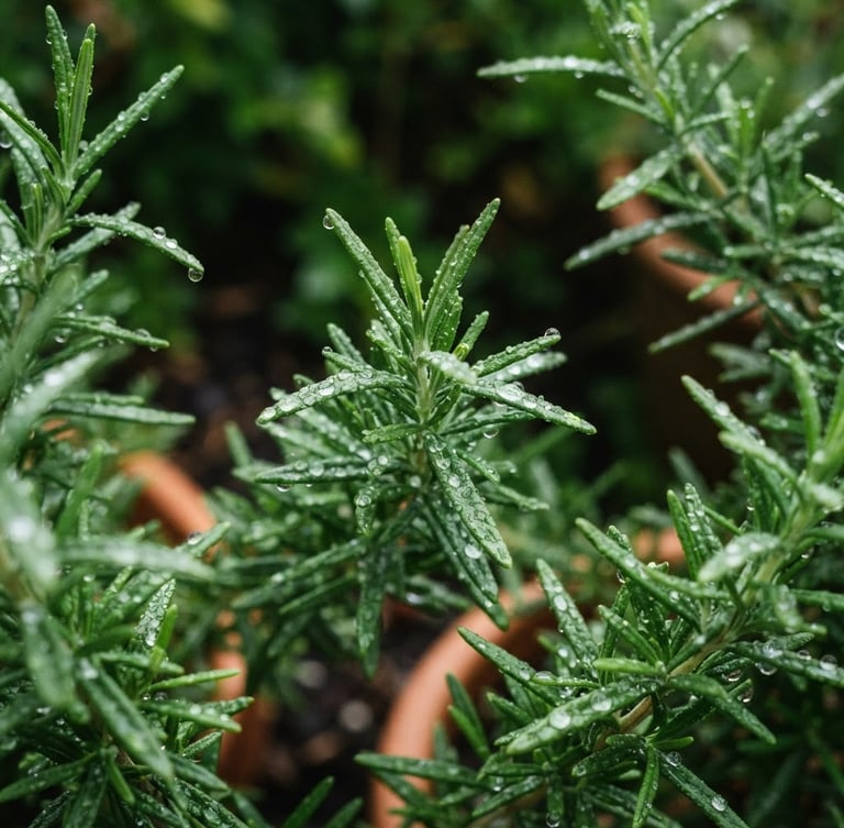 Macro close-up of fresh rosemary sprigs with dew drops, soft morning daylight, rich forest green background, shallow depth of field, organic editorial photography.