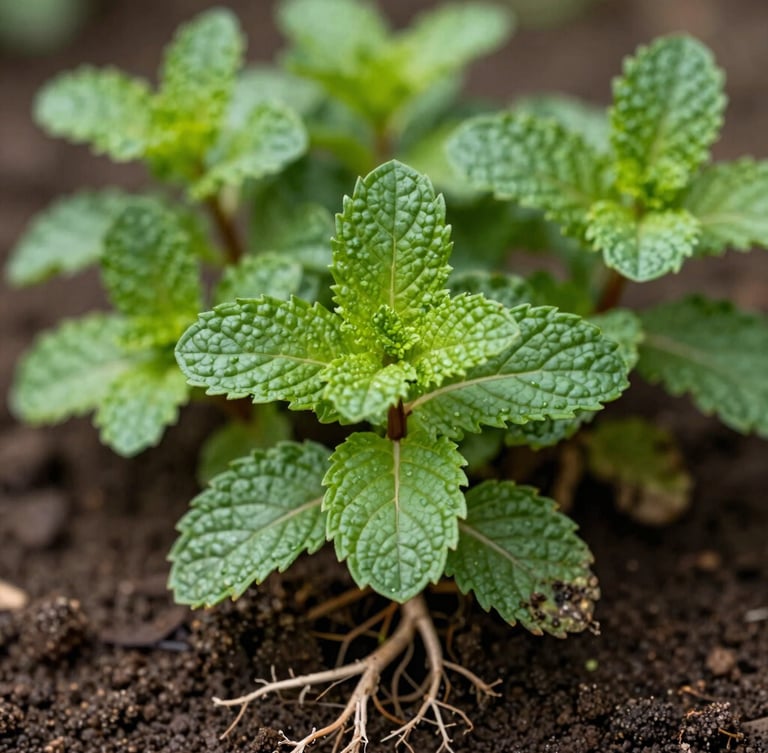 Close-up of vibrant mint leaves with strong root system, soft diffused light, rich dark soil, organic editorial photography.