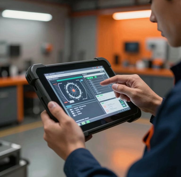 Close-up of a mechanic's hands using a diagnostic tablet in a modern garage, sharp focus on the screen displaying technical engine data, warm orange ambient glow, 35mm.