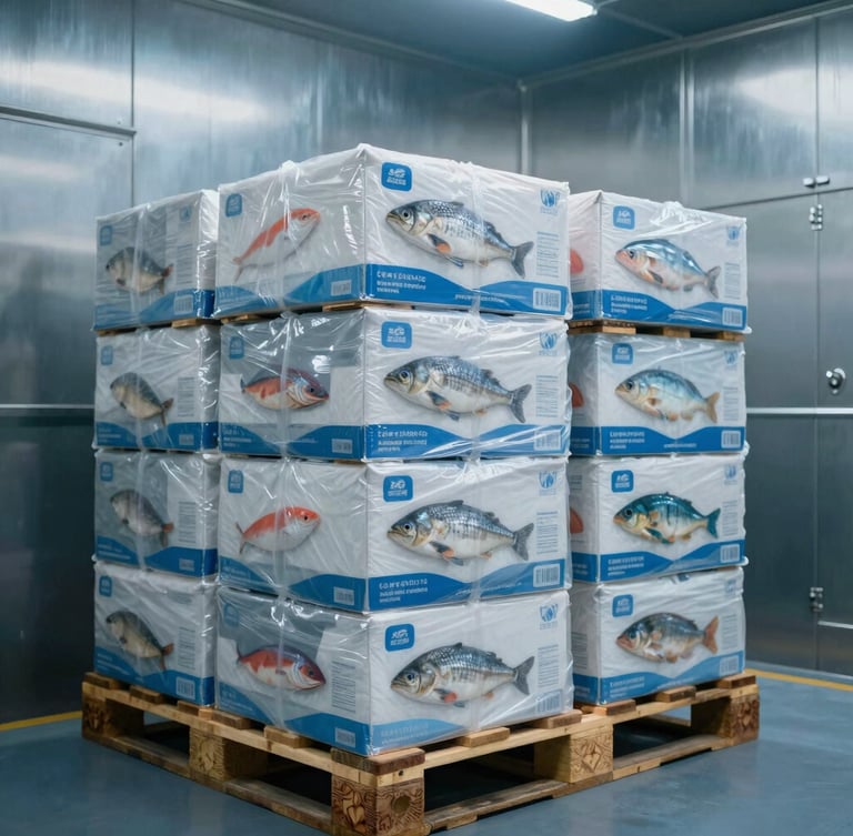 Close-up of industrial cold-storage facility interior, stainless steel surfaces, sterile blue lighting, stacked pallets of graded seafood boxes