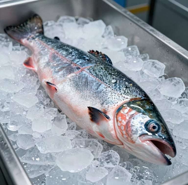 A close-up of perfectly graded whole Atlantic salmon resting on crushed ice in a sterile cold-storage facility, high-clarity industrial lighting