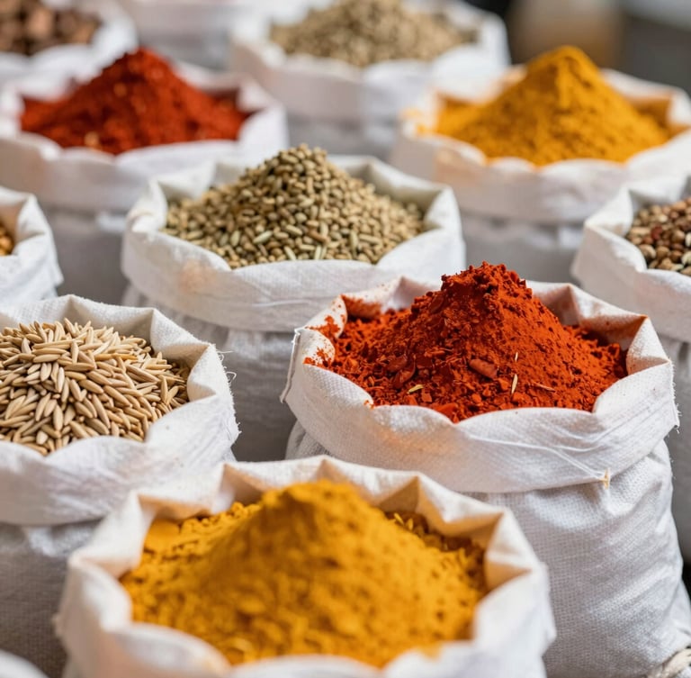 Macro details of raw colorful spices in bulk sacks, bright natural daylight, rich organic colors of paprika and turmeric, shallow depth of field