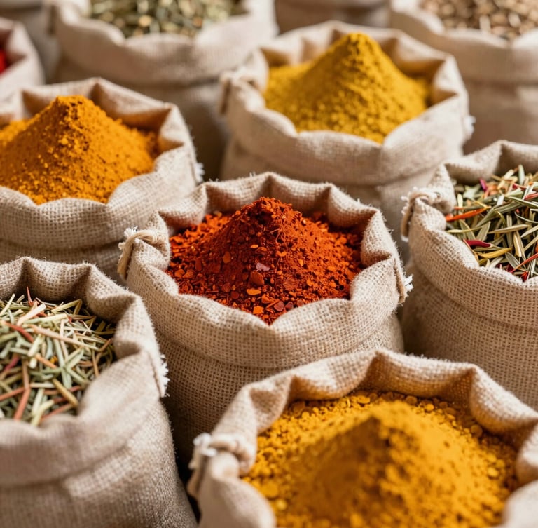 A close-up overhead shot of vibrant, colorful spices in open burlap sacks, warm natural daylight, rich organic textures of paprika, turmeric, and dried herbs, shallow depth of field