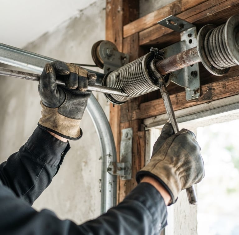 Close-up of a technician's hands in work gloves calibrating a garage door's torsion spring system with specialized tools, bright Florida daylight, high-contrast industrial tones, sharp focus, 35mm lens.