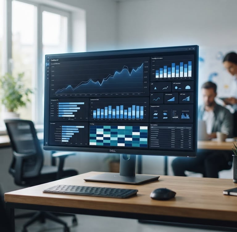 Tableau de bord financier interactif affiché sur un écran d'ordinateur moderne, graphiques épurés conformes aux standards IBCS, éclairage de bureau naturel et soft glow bleu.