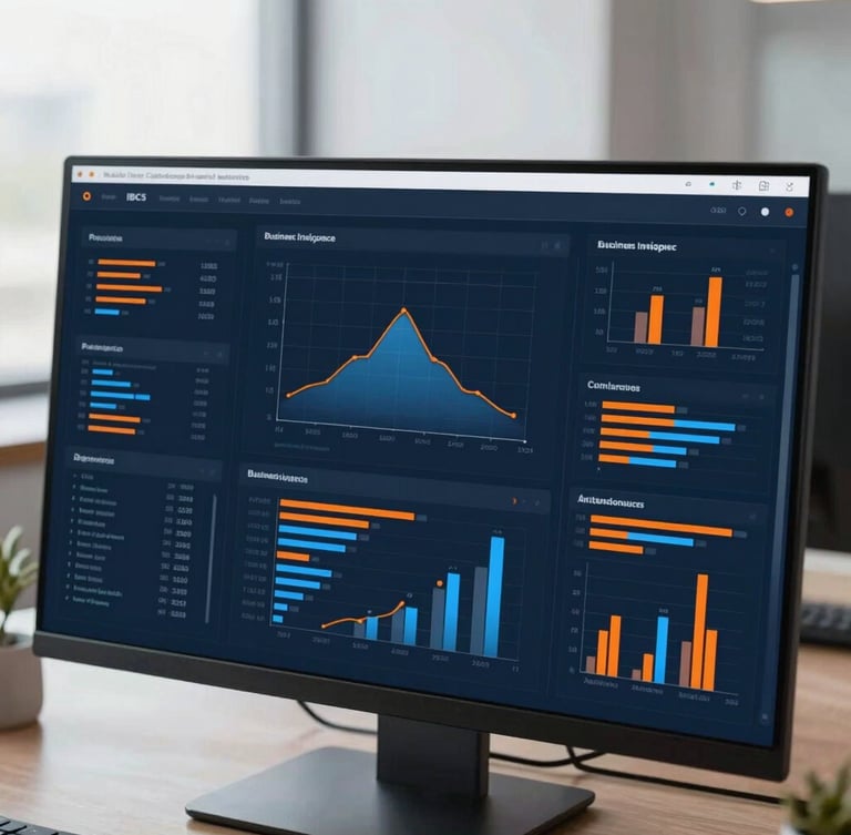 Gros plan d'un écran affichant des visualisations de données complexes et des graphiques de Business Intelligence conformes aux standards IBCS, esthétique technologique épurée, tons bleus et orange.