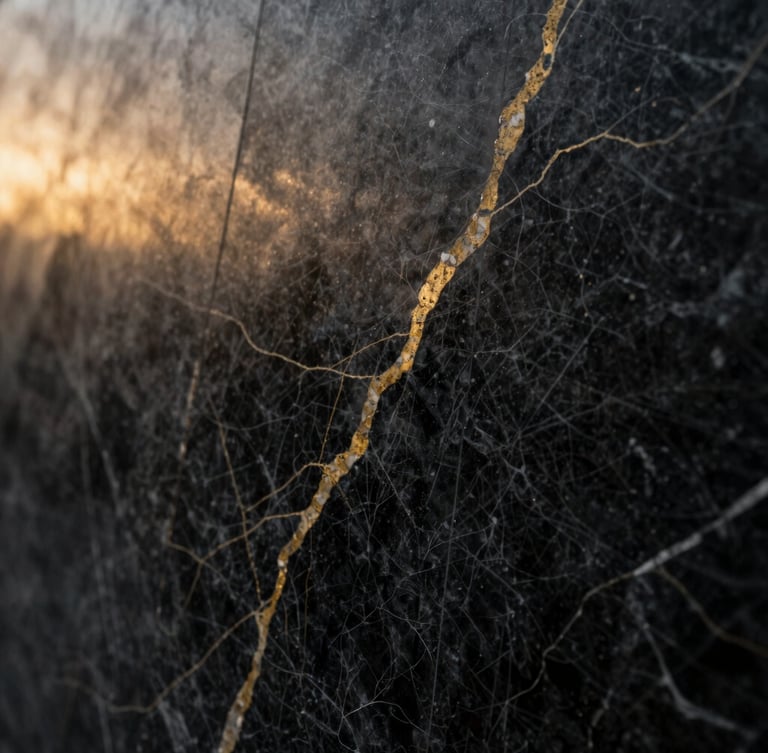 Close-up of premium polished black marble with subtle gold veins, wet with mountain mist, dramatic low-key lighting, architectural macro photography.
