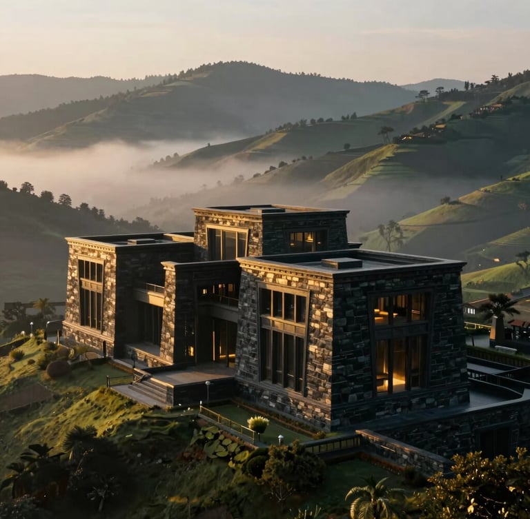 Cinematic architectural shot of a luxury stone structure built into the green hills of Shillong, mist rising from the valley, soft morning light, deep obsidian and gold hues.