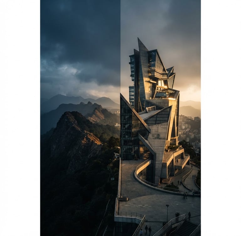 Hero-split portrait of modern architectural lines cutting into the misty Shillong mountain skyline, dramatic golden hour light, deep obsidian and gold tones, sharp focus.