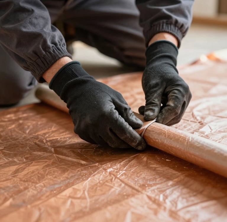 Close-up portrait shot of a technician's gloved hands meticulously sealing a hearth with protective sheeting, warm interior light, shallow depth of field.