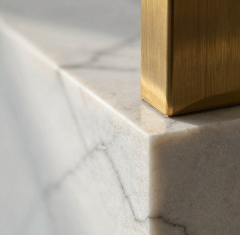 Macro shot of white Carrara marble meeting brushed brass, soft morning light, architectural detail focus.