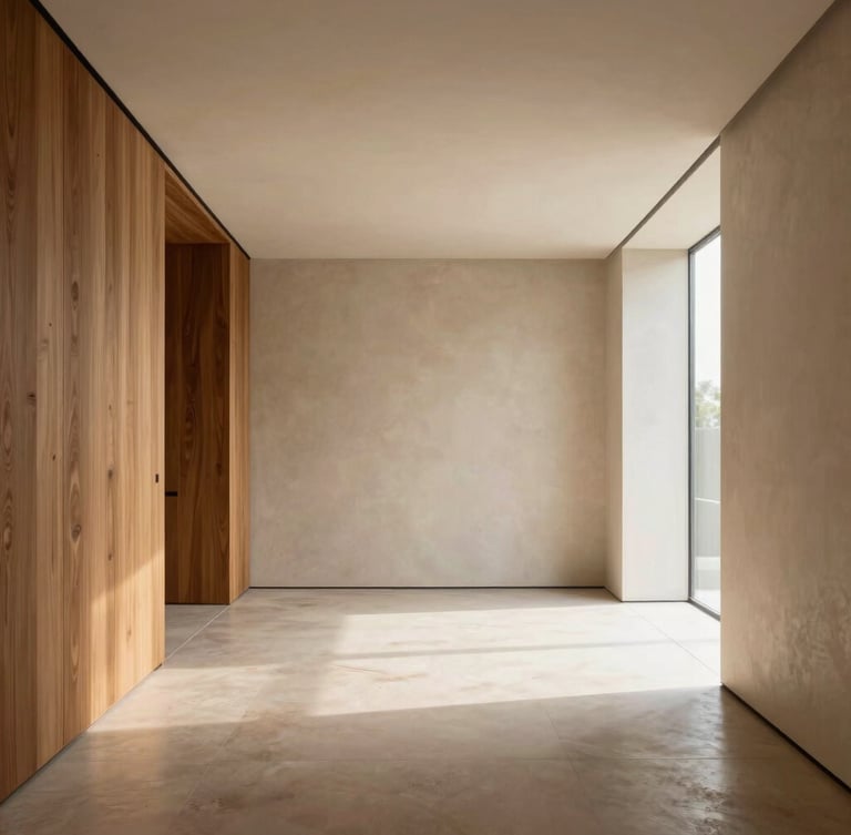Wide one-point perspective of a minimalist luxury living room in Jakarta, clean architectural lines, warm beige plaster walls, natural morning light casting soft shadows, high-end bespoke oak millwork.