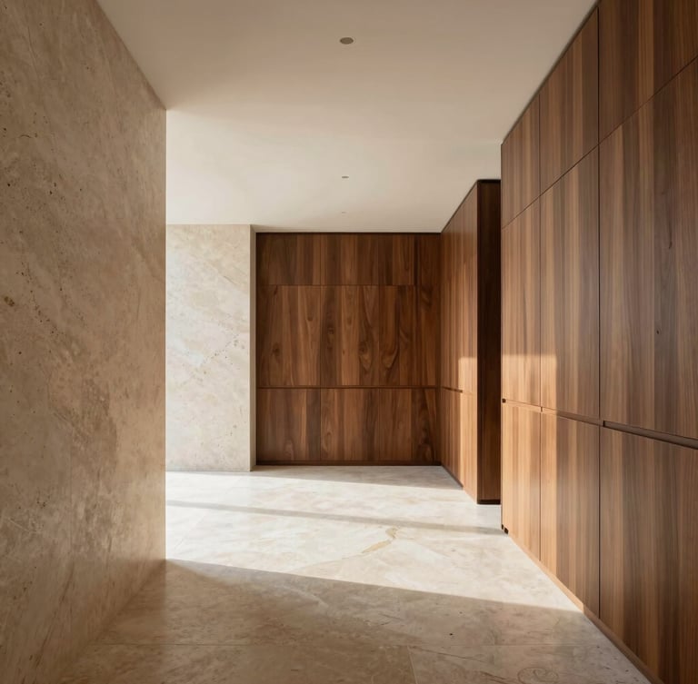 One-point perspective of a minimalist luxury living room with raw travertine walls, custom walnut cabinetry, warm natural daylight, architectural precision.