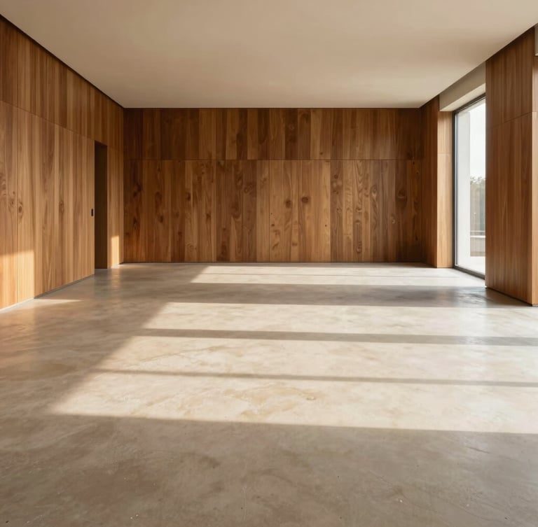 Strict one-point perspective wide shot of a minimalist luxury living room, morning natural daylight casting long soft shadows on warm beige concrete floor and bespoke oak wood millwork, no people.
