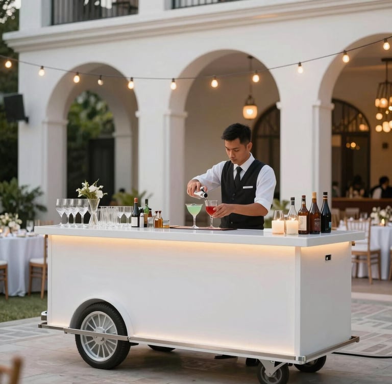 A sleek, modern mobile bar setup at an outdoor evening wedding reception in the Philippines, warm ambient string lights, crisp glassware, professional mixologist preparing a colorful cocktail, architectural depth.