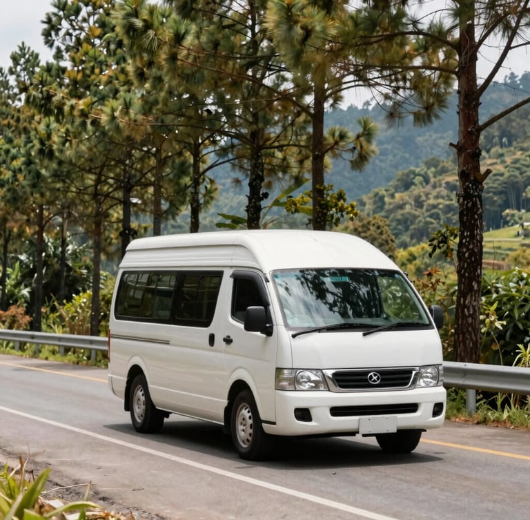 A clean modern passenger van traveling along a scenic mountain highway in Benguet, pine trees lining the road, bright natural daylight