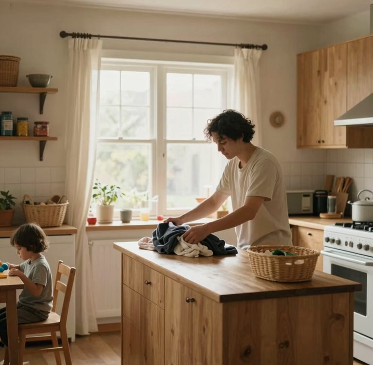 Wide environmental shot of a warm kitchen in honest morning window light, a parent folding laundry at a wooden counter, a child's toy visible on a chair nearby, baskets and household items in soft focus, warm cream and natural wood tones, documentary style, no staging