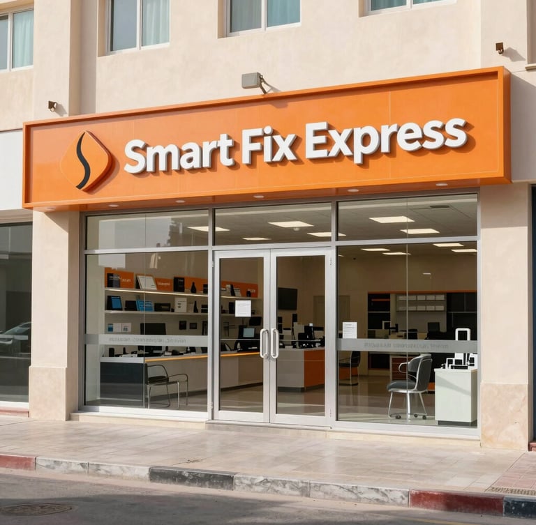 Wide view of the physical storefront of Smart Fix Express in Muwailah Commercial, Sharjah, bright natural daylight, clean professional photography, 35mm