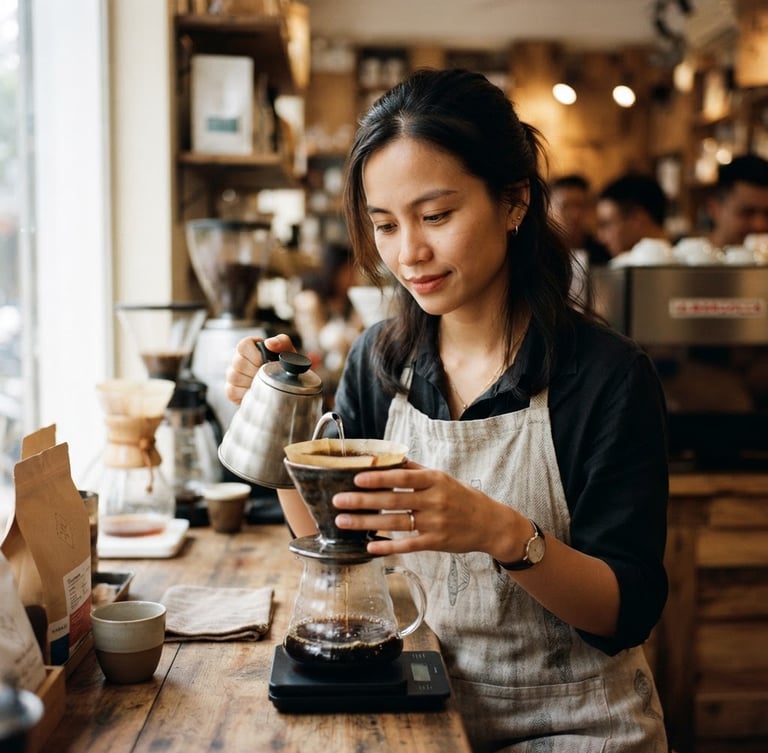 A thoughtful portrait of a Vietnamese coffee educator looking down at a ceramic dripper, soft natural light, warm editorial style, 35mm lens