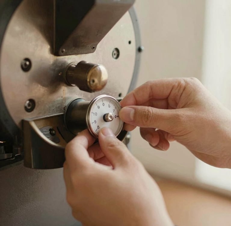 Close-up of hands adjusting the dial of a premium coffee roaster, soft morning light, warm parchment tones, editorial photography