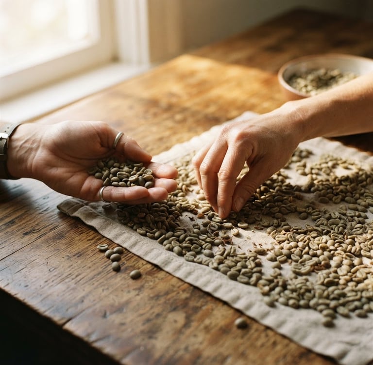 Close-up of hands gently sorting green coffee beans on a wooden table, warm morning light pouring through a window, editorial 35mm photography