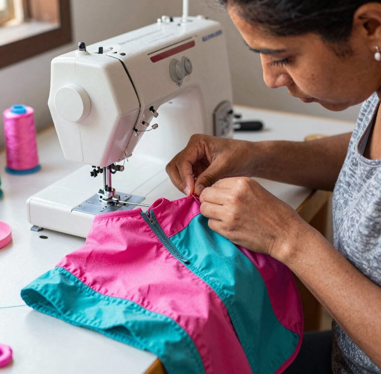 An artisan woman carefully stitching a colorful pink and teal fabric pet vest in a sunlit workshop in Celaya, threads and sewing machine visible, warm atmosphere