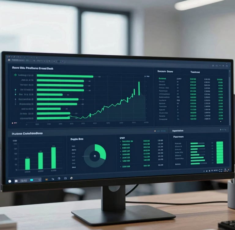 Close-up of a modern dual-monitor workspace showing real-time analytical dashboards with clean data lines, cool office daylight, sharp contrast, electric green accents, 35mm