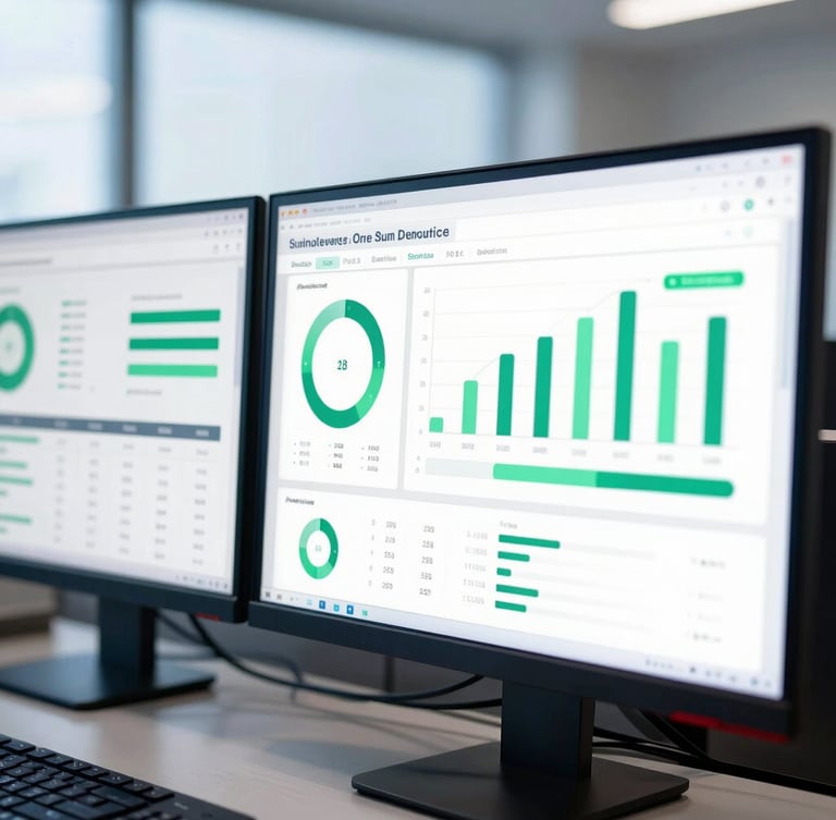 Macro shot of a modern clean dual-monitor setup showing analytical dashboards, cool office daylight, sharp contrast, deep blue accents, 35mm