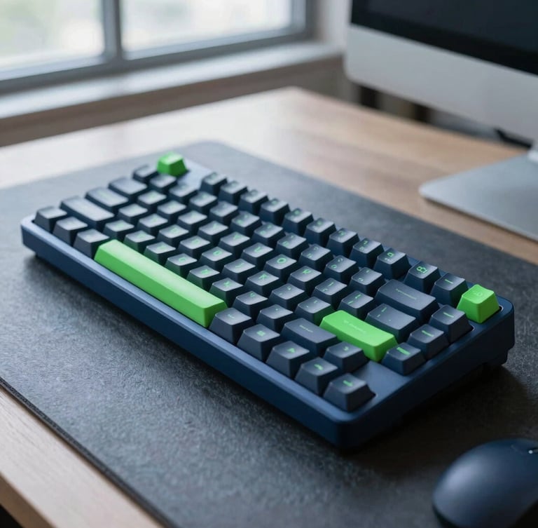 Close-up of a high-end mechanical keyboard and sleek aluminum trackpad on a slate desk, cool morning window light, sharp focus, 35mm