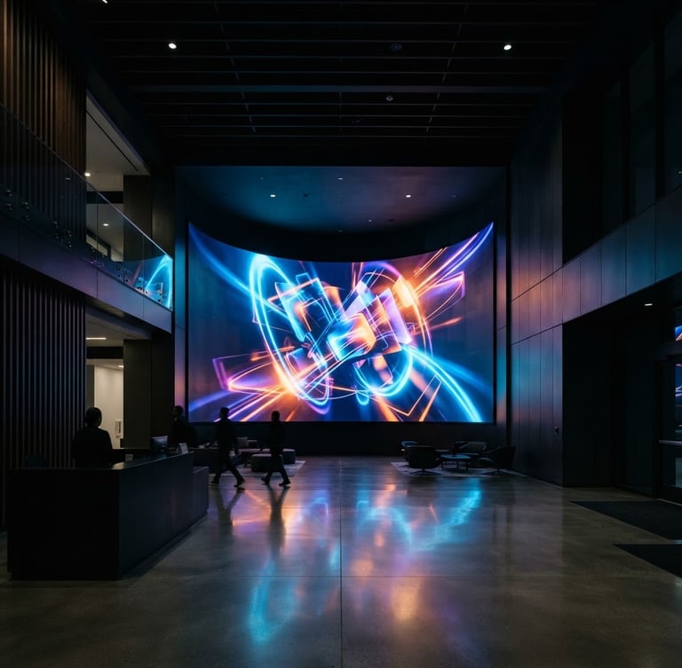 Wide architectural shot of a seamless LED video wall integrated into a modern corporate lobby, displaying a vibrant, high-resolution graphic. Low-key ambient lighting, the LED panel is the primary light source, creating dramatic contrast, sharp details, 35mm lens.