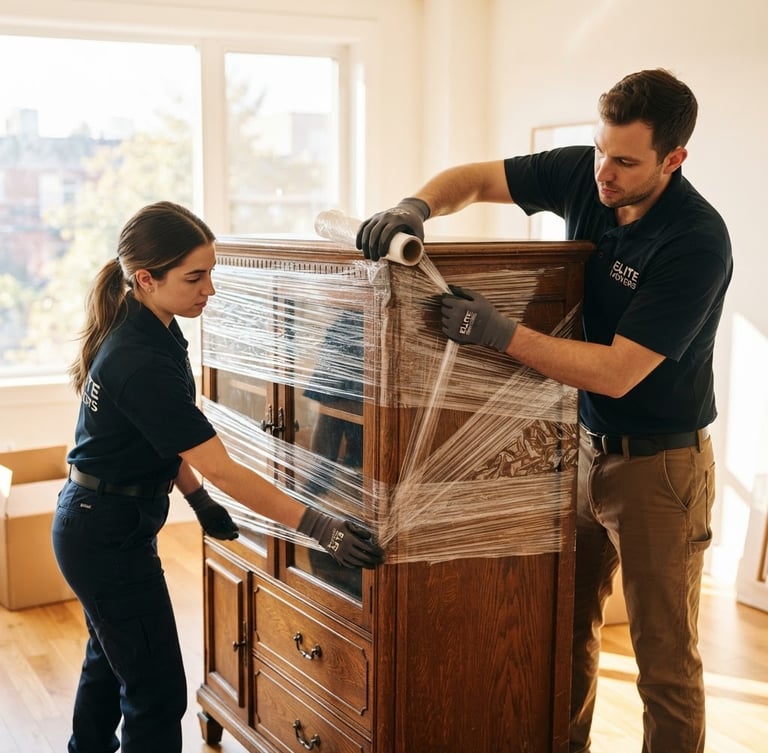 Bright editorial photography of professional movers in uniform carefully wrapping a wooden cabinet in thick protective film, warm morning daylight, clean high-contrast tones, sharp focus, 35mm