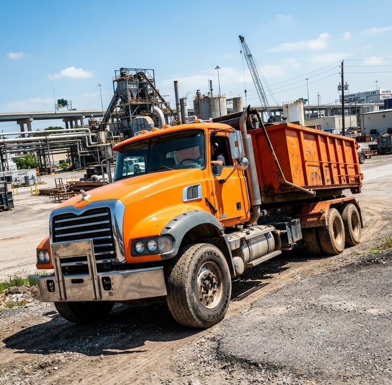 Low-angle heroic shot of a safety-orange roll-off delivery truck under bright Texas sunlight, industrial Houston backdrop, sharp focus
